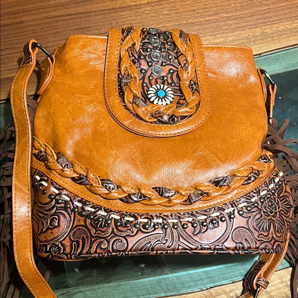 Braided Floral Embossed Tan Crossbody Bag - Picture 1 of 6